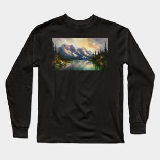 Majestic Peaks and Serene Lakes: A Vibrant Mountain Landscape Oil Painting #1 Long Sleeve T-Shirt